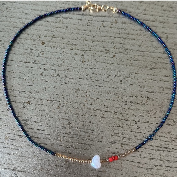 Hand Crafted Elegant Blue and Gold Beaded Necklace with Faux Pearl - Picture 1 of 2